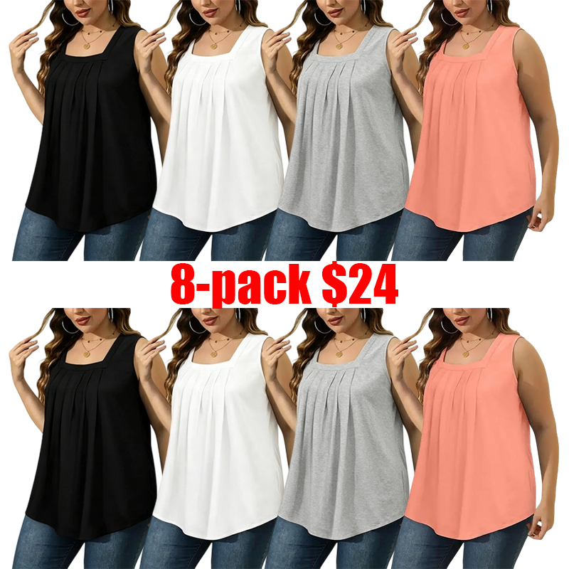 Women's 8-Pack Summer Tank Tops – Loose Pleated Square Neck Sleeveless Tops