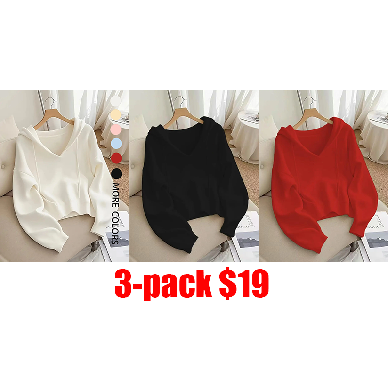 Women's 6-Pack V-Neck Drawstring Hoodie - Loose Fit Soft Knit Pullover, Casual Long Sleeve