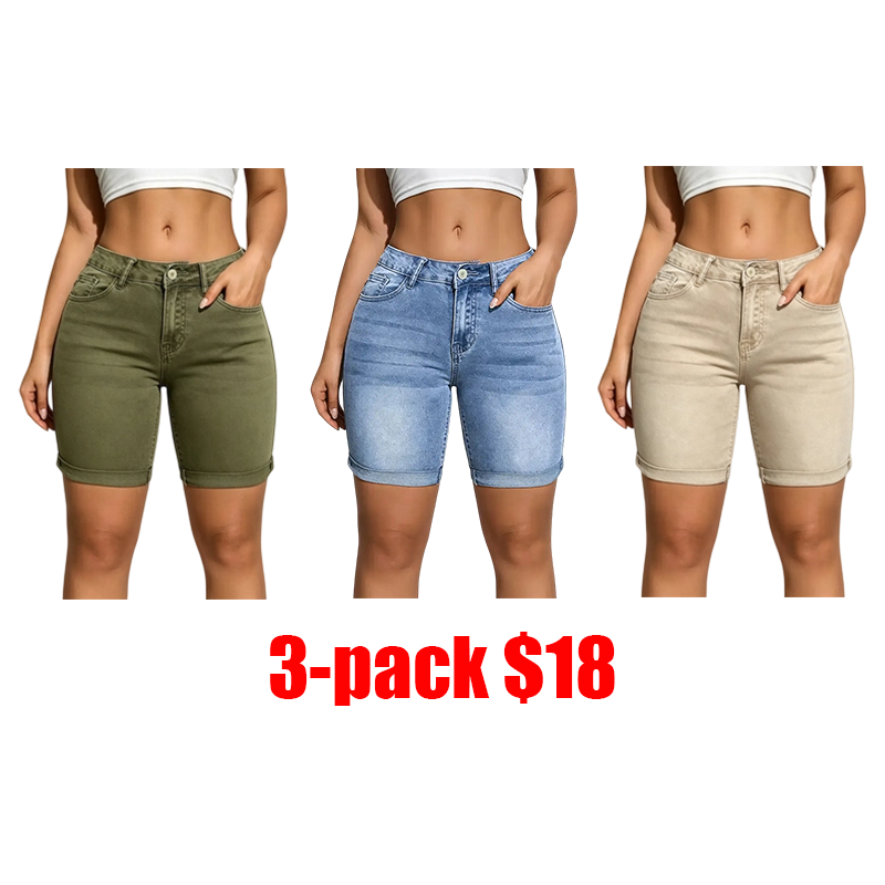 Women's 3-Pack Slim-Fit Denim Shorts – Washed Casual Summer Shorts with Pockets