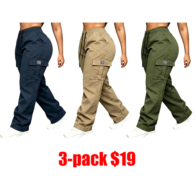 Women's 3-Pack Loose Cargo Pants – Drawstring Large Pockets Slimming Casual Athletic Trousers