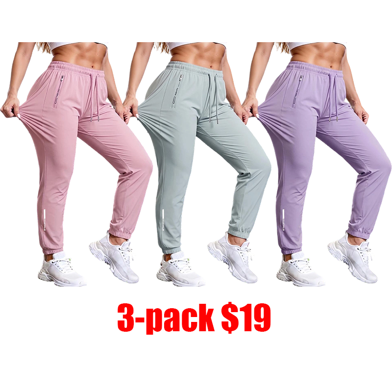 Women's 6-Pack Casual Long Pants – Elastic Waist Drawstring Zippered Pocket Sporty Trousers for All Seasons