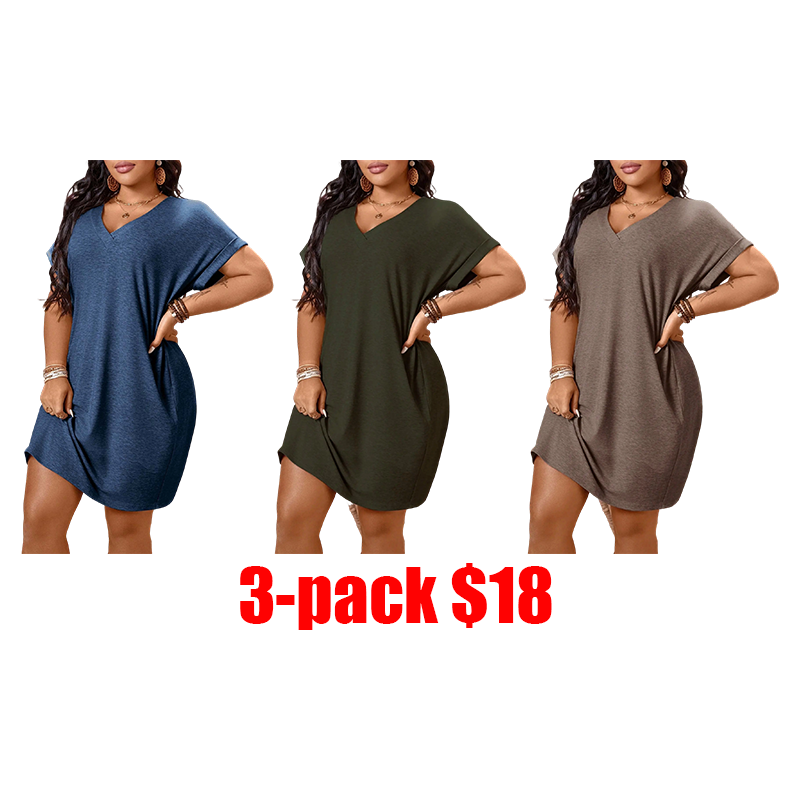 Plus Size Women's Loose T-Shirt Dress – V Neck Batwing Sleeve Casual Summer Vacation Dress