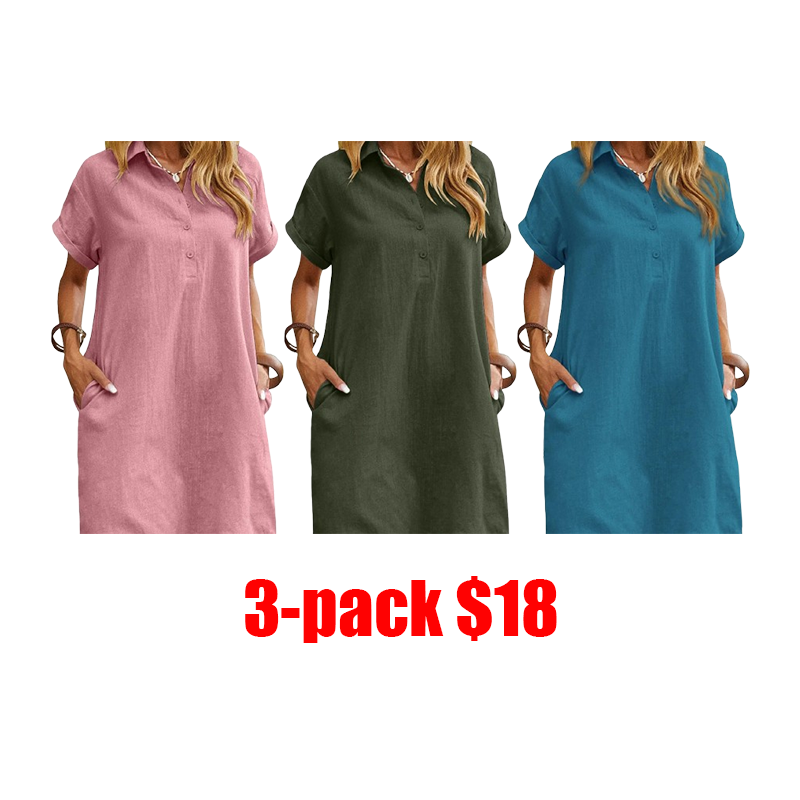 Women's Cotton Shirt Dress – Short Sleeve Button Down Beach Cover Up with Pockets