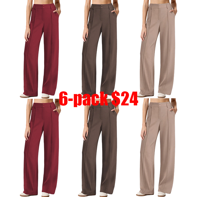Women's 6-Pack Stretch Dress Pants – High-Rise Straight Leg Lounge Trousers with Pockets