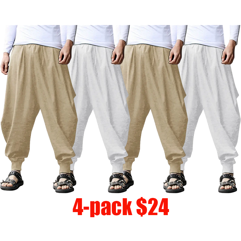 Men's 4-Pack Linen Harem Pants – Baggy Boho Yoga Drop Crotch Casual Trousers