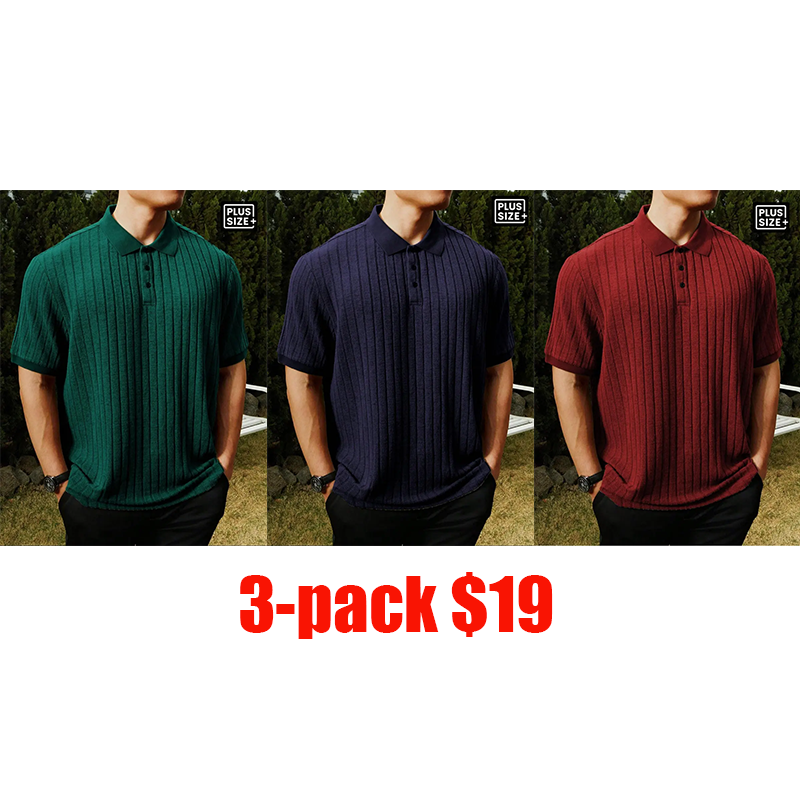 Plus Size Men's Ribbed Polo Shirt – Loose Knit Collar Striped Casual Short Sleeve Top