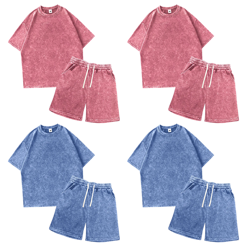 Men's 4-Piece Loungewear Set – Vintage Acid-Wash T-Shirt & Elastic Drawstring Shorts for Summer Casual & Camping
