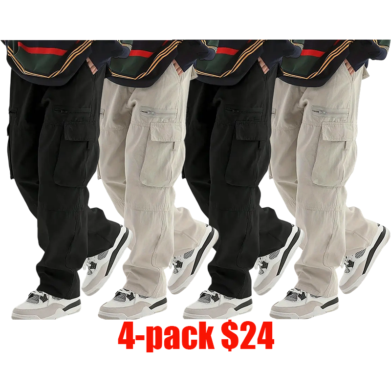 Men's 4-Pack Cargo Pants – Casual Streetwear with Pockets, All-Season Comfort Fit