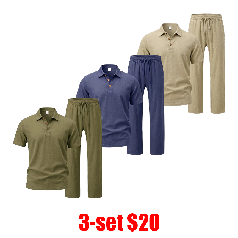 Men's 2-Piece Set – Short Sleeve Button Down Shirt & Loose Pants, Breathable Summer Vacation Outfit