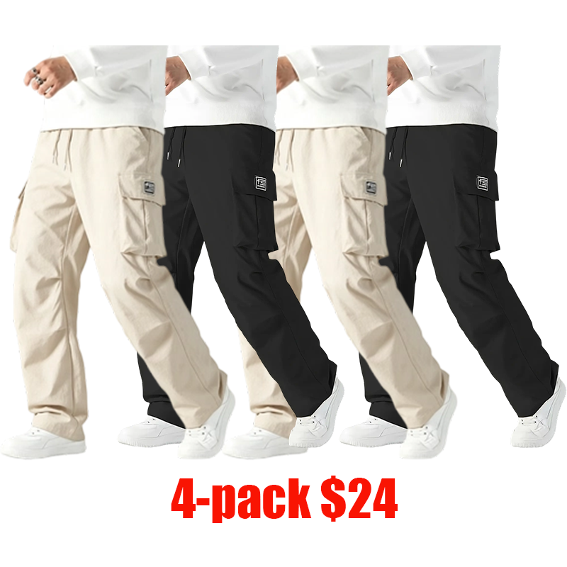 Men's 4-Pack Tactical Cargo Pants – Elastic Waist Multi-Pocket Casual Trail Pants
