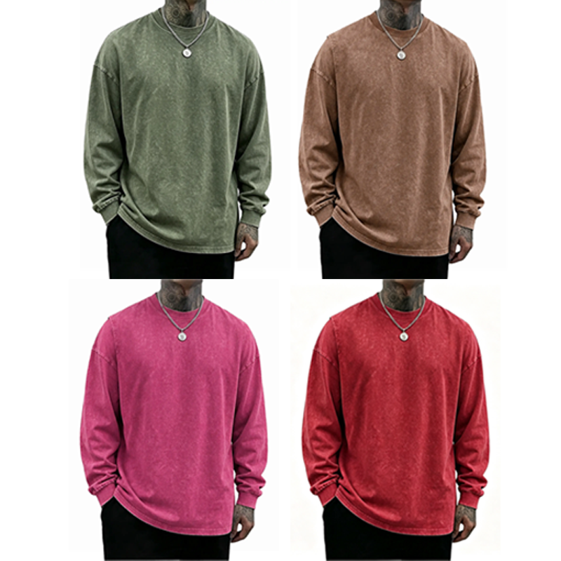 Men's 8-Pack Oversized Washed Long-Sleeve Tee – Unisex Distressed Vintage Crewneck Top