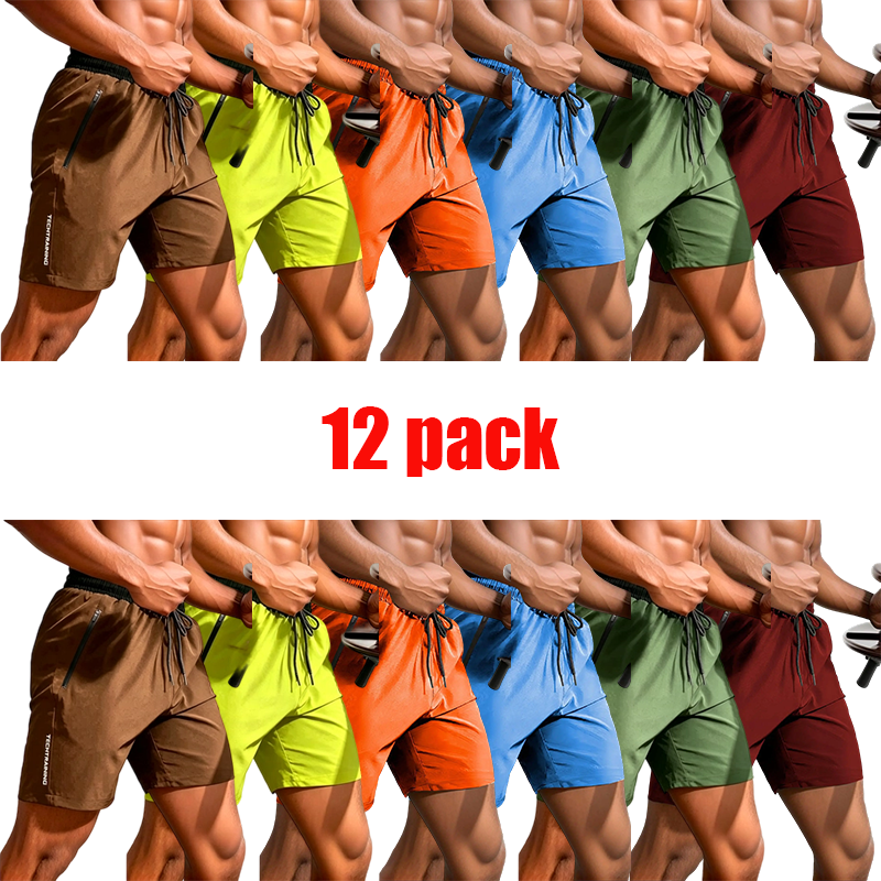 Men's 12-Pack Letter Print Track Shorts – Quick-Dry Drawstring Athletic Shorts with Zip Pockets