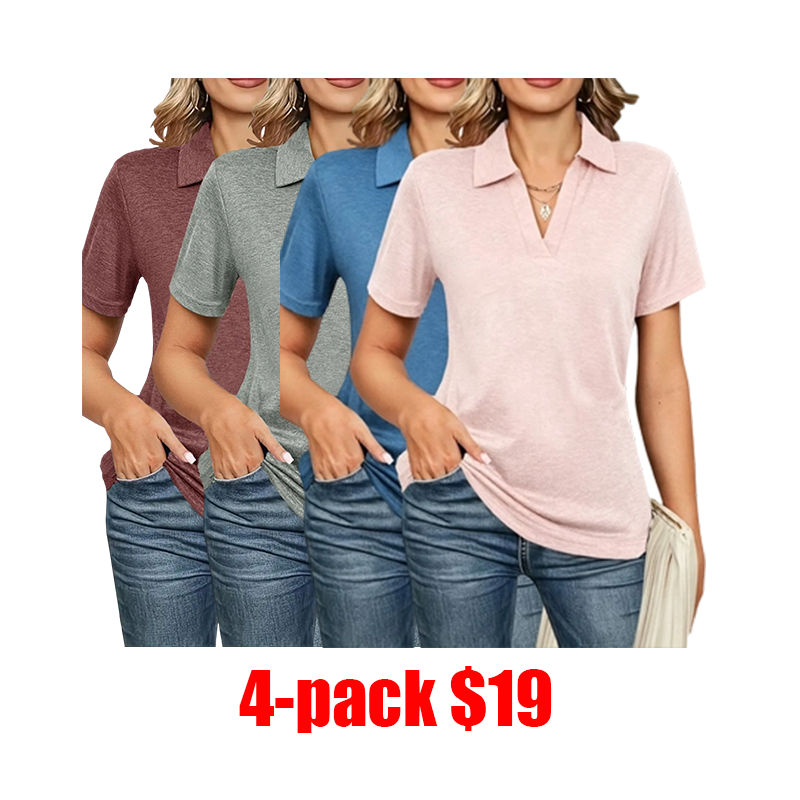 Women's 4-Pack Solid Polo Shirts – Short Sleeve Collared Casual Summer Tops