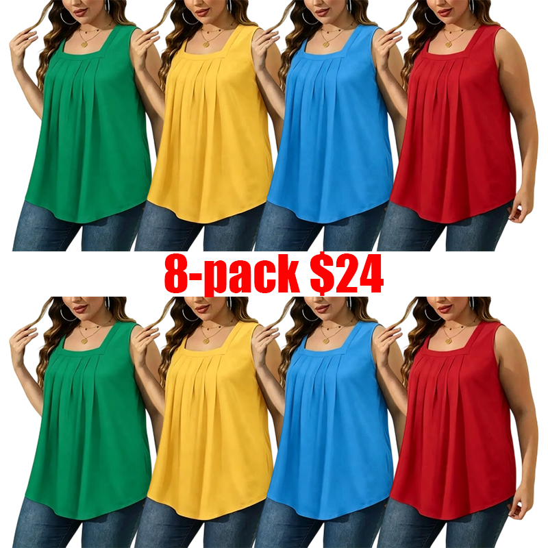 Women's 8-Pack Summer Tank Tops – Loose Pleated Square Neck Sleeveless Tops