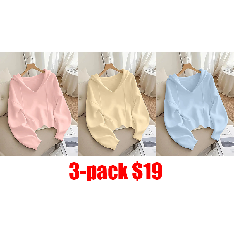 Women's 6-Pack V-Neck Drawstring Hoodie - Loose Fit Soft Knit Pullover, Casual Long Sleeve