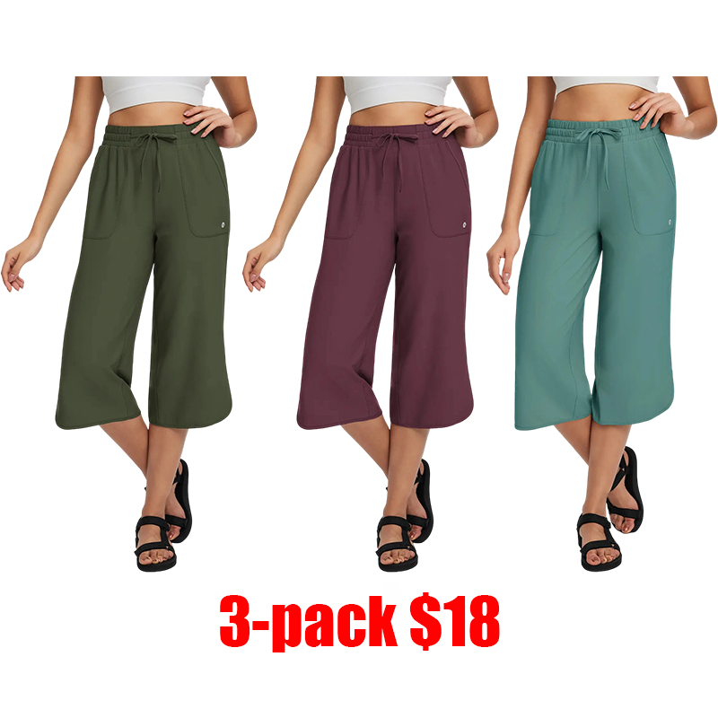 Women's Wide Leg Capri Pants – High Waisted Tummy Control with Deep Pockets, Quick Dry UPF 50+ for Travel & Daily Wear
