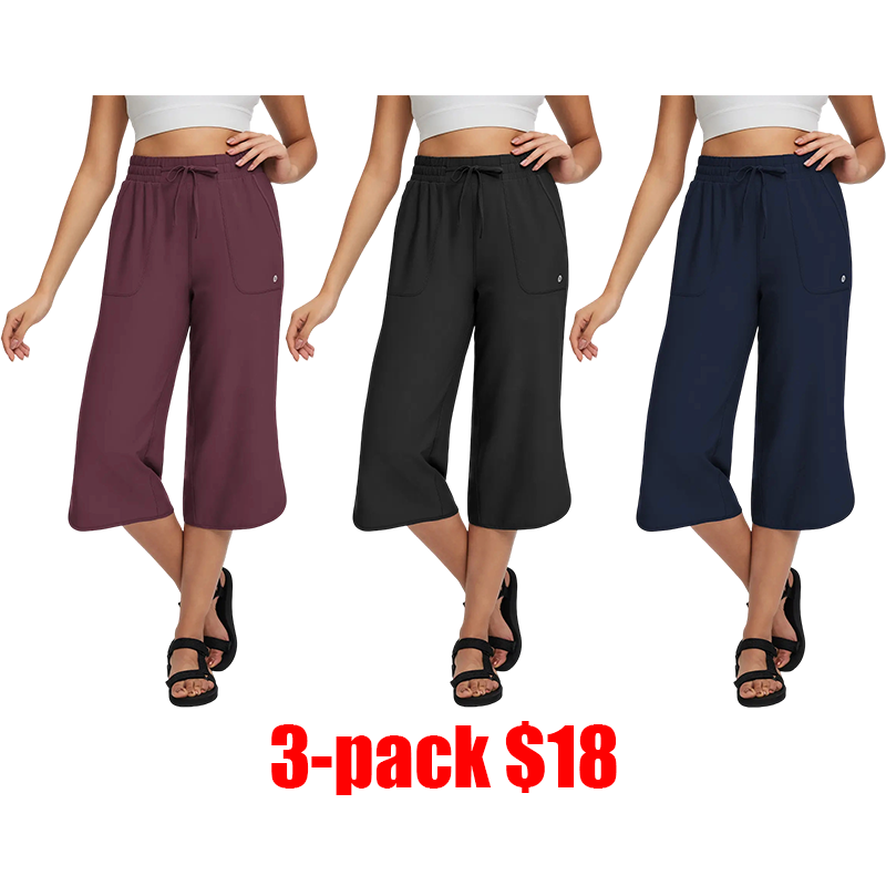 Women's Wide Leg Capri Pants – High Waisted Tummy Control with Deep Pockets, Quick Dry UPF 50+ for Travel & Daily Wear