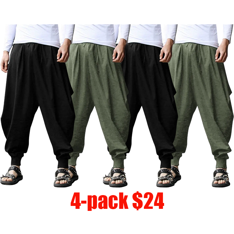 Men's 4-Pack Linen Harem Pants – Baggy Boho Yoga Drop Crotch Casual Trousers
