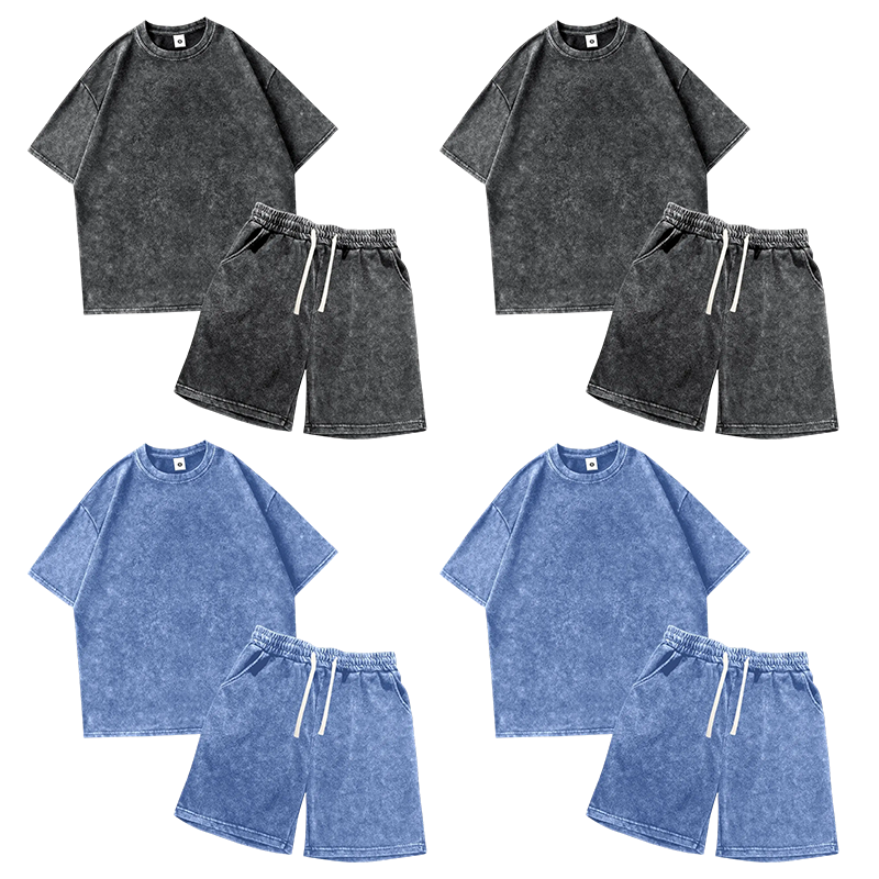 Men's 4-Piece Loungewear Set – Vintage Acid-Wash T-Shirt & Elastic Drawstring Shorts for Summer Casual & Camping