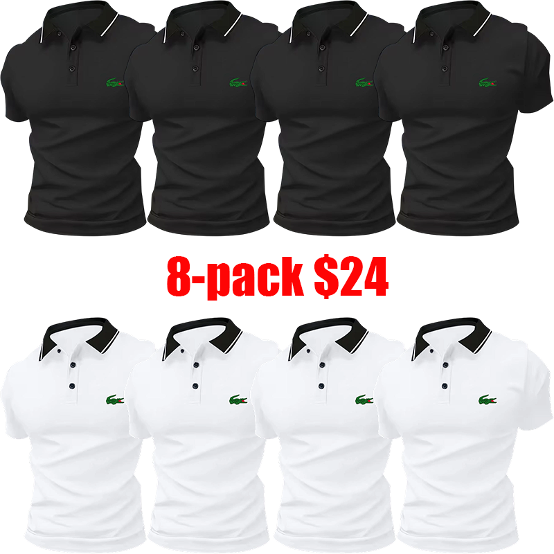 Men's 8-Pack Polo Shirt Set – Stylish Green Crocodile Print, Breathable Short Sleeve Business-Casual Summer Tees, Great Gift Idea