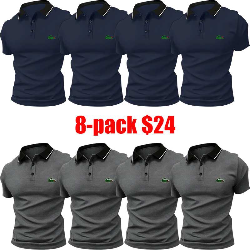 Men's 8-Pack Polo Shirt Set – Stylish Green Crocodile Print, Breathable Short Sleeve Business-Casual Summer Tees, Great Gift Idea