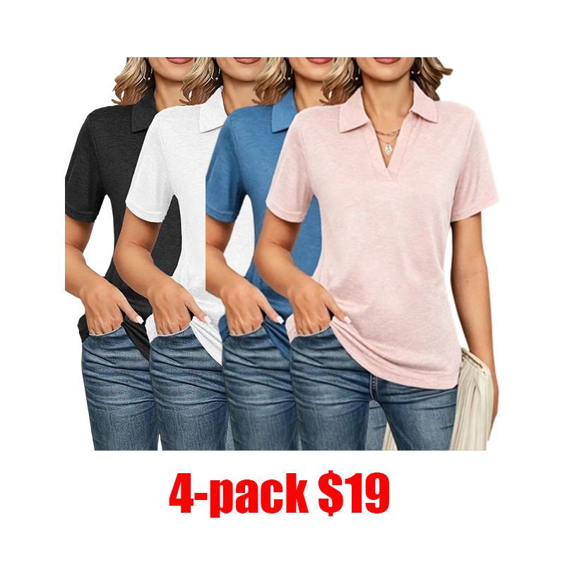 Women's 4-Pack Solid Polo Shirts – Short Sleeve Collared Casual Summer Tops