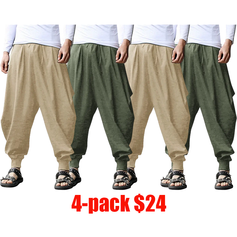 Men's 4-Pack Linen Harem Pants – Baggy Boho Yoga Drop Crotch Casual Trousers
