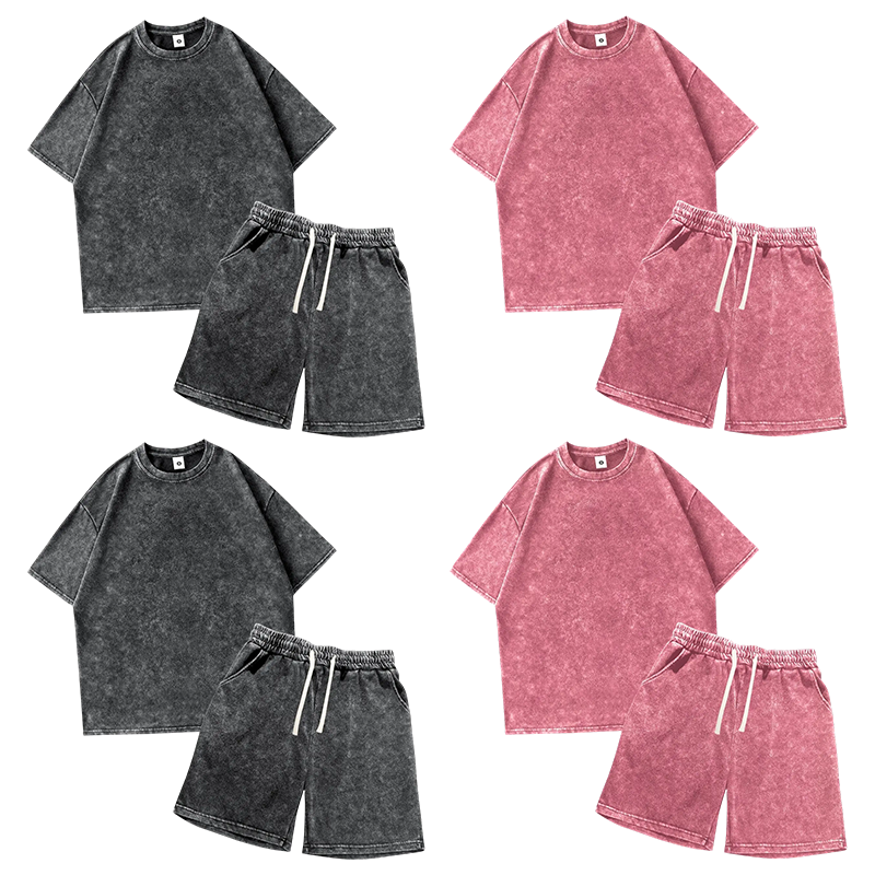 Men's 4-Piece Loungewear Set – Vintage Acid-Wash T-Shirt & Elastic Drawstring Shorts for Summer Casual & Camping