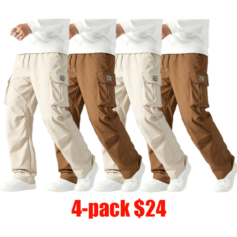 Men's 4-Pack Tactical Cargo Pants – Elastic Waist Multi-Pocket Casual Trail Pants