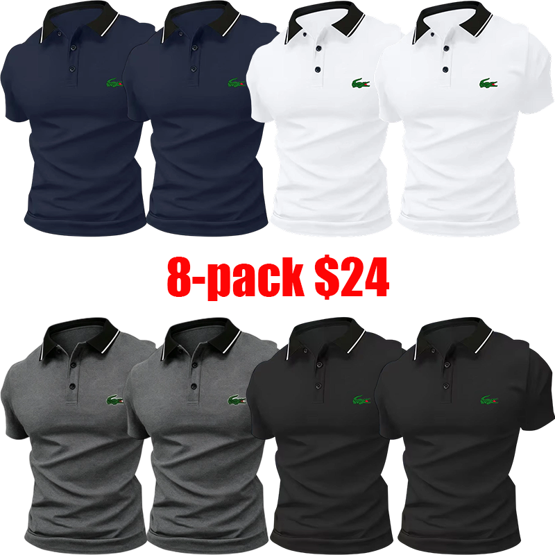 Men's 8-Pack Polo Shirt Set – Stylish Green Crocodile Print, Breathable Short Sleeve Business-Casual Summer Tees, Great Gift Idea