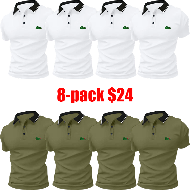 Men's 8-Pack Polo Shirt Set – Stylish Green Crocodile Print, Breathable Short Sleeve Business-Casual Summer Tees, Great Gift Idea