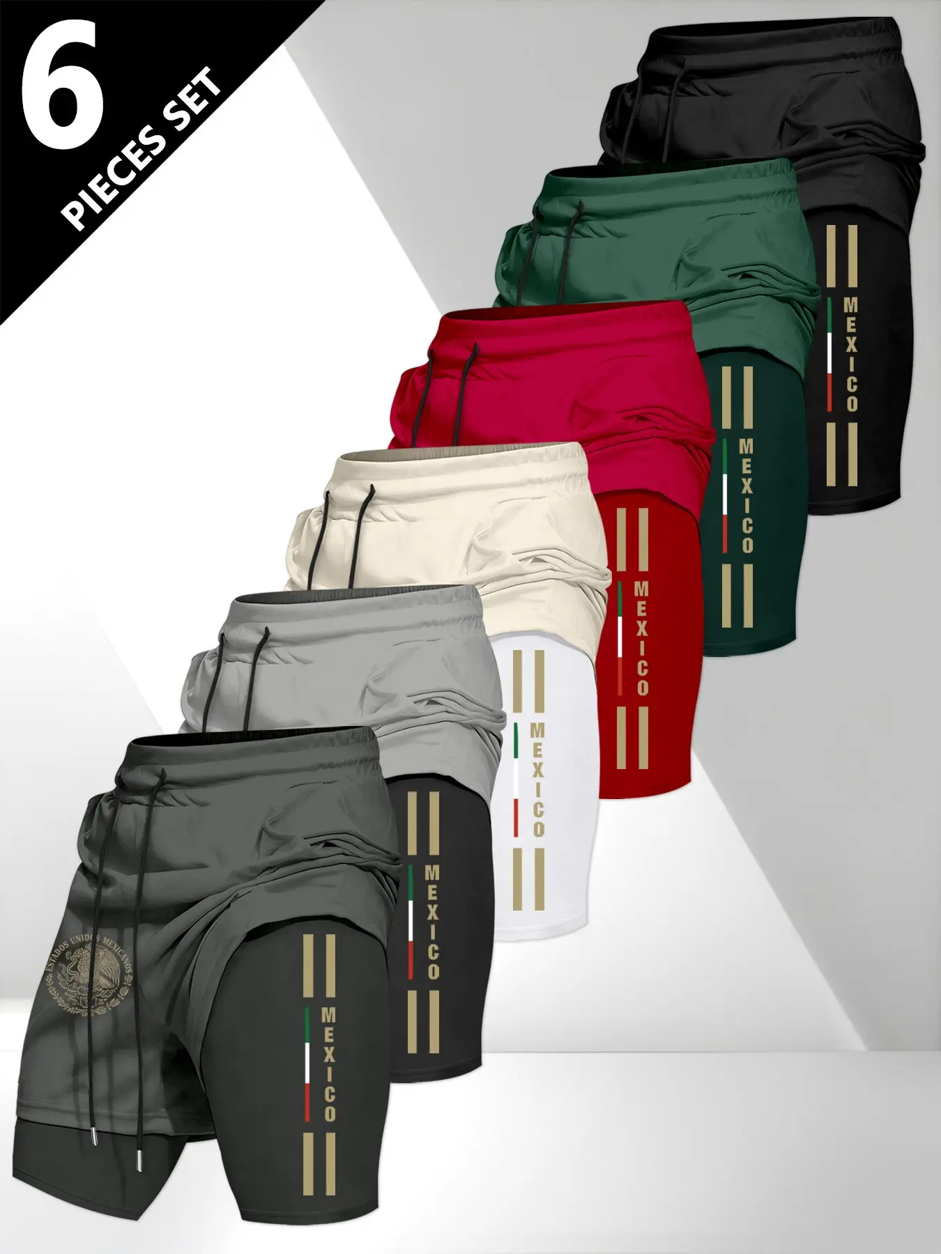Men's Drawstring Pocket Waistband Shorts, Mexican Emblem Print, Comfortable Breathable Fabric, Durable Material, Perfect Gift