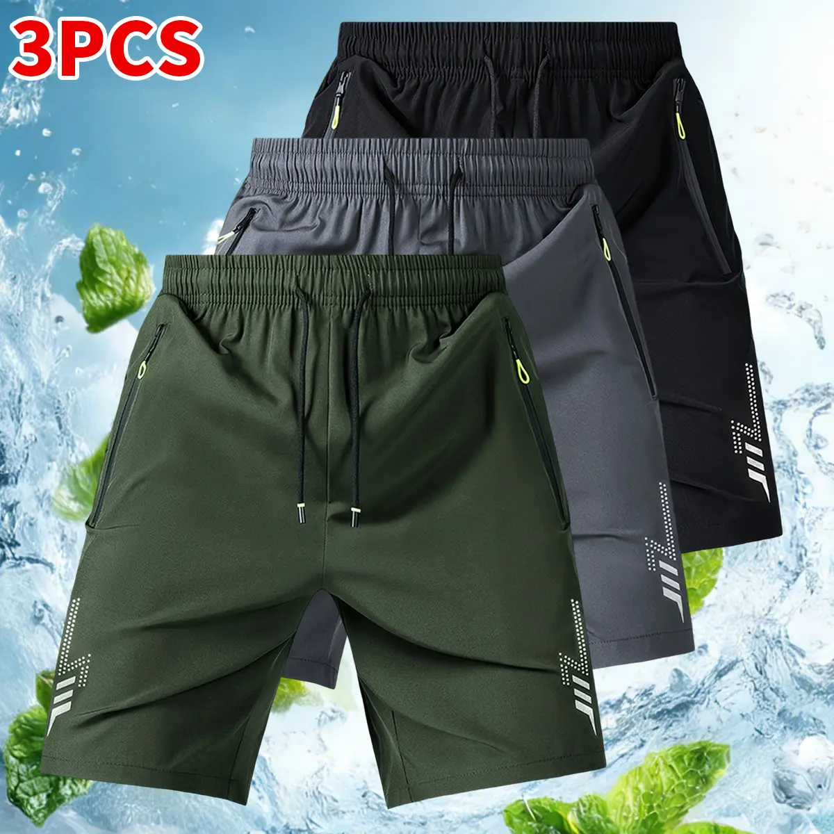 Men's 3-Pack Reflective Print Shorts – Fitted Athletic Running Shorts with Zipper Pockets