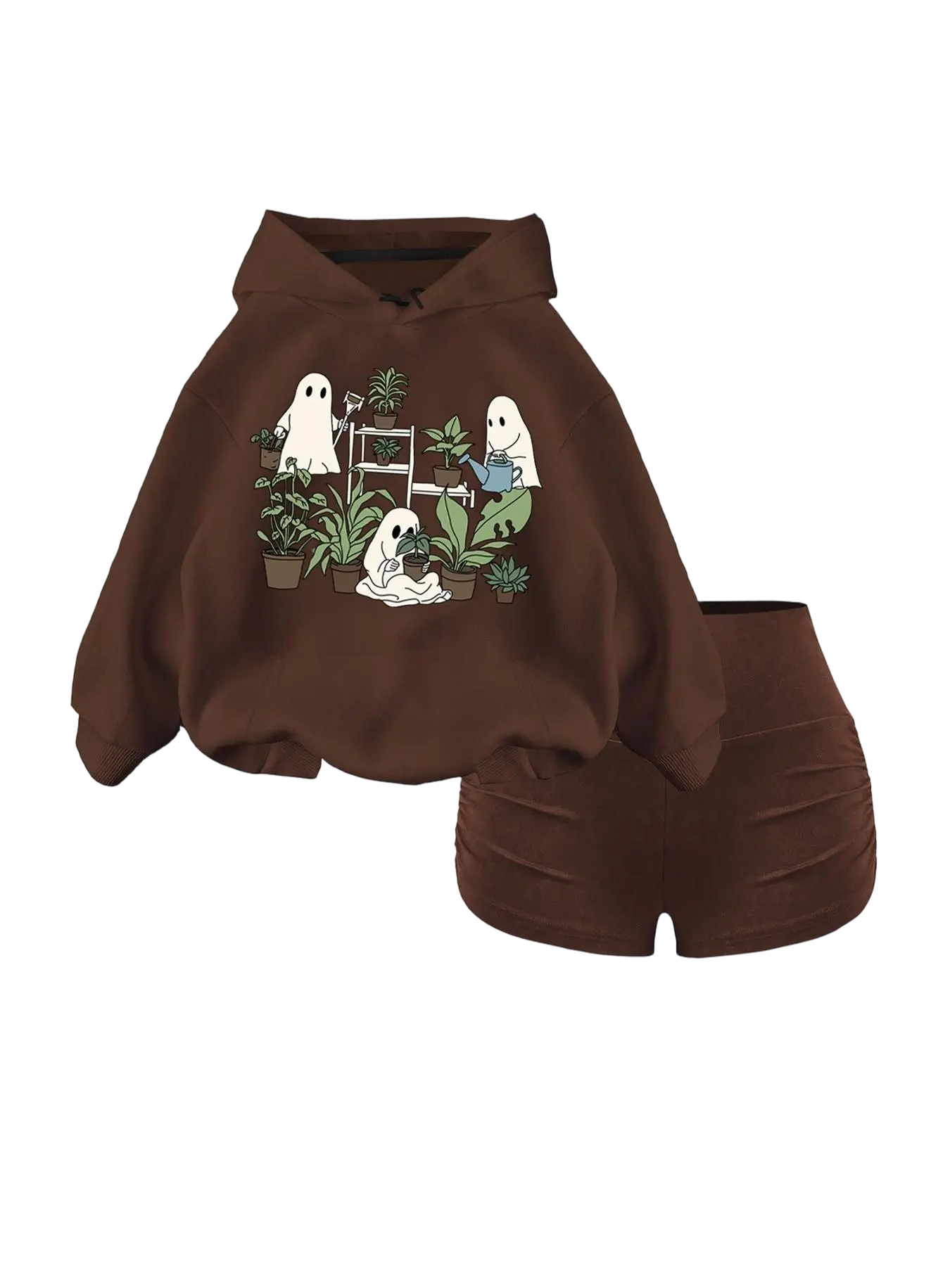 Women's 2-Piece Hooded Sweatshirt Set – Preppy Knit Pullover with Pocket & Halloween Print
