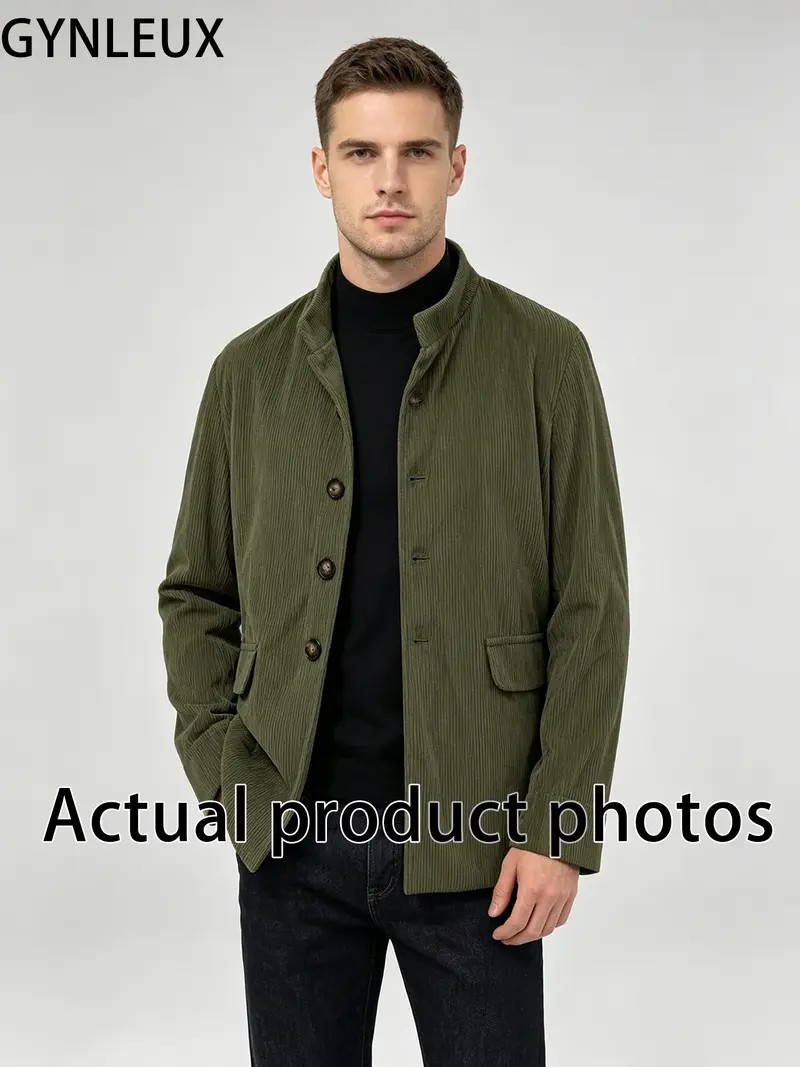 Men's Stand Collar Jacket – Solid Button Cardigan with Pockets for Spring Autumn Casual Wear