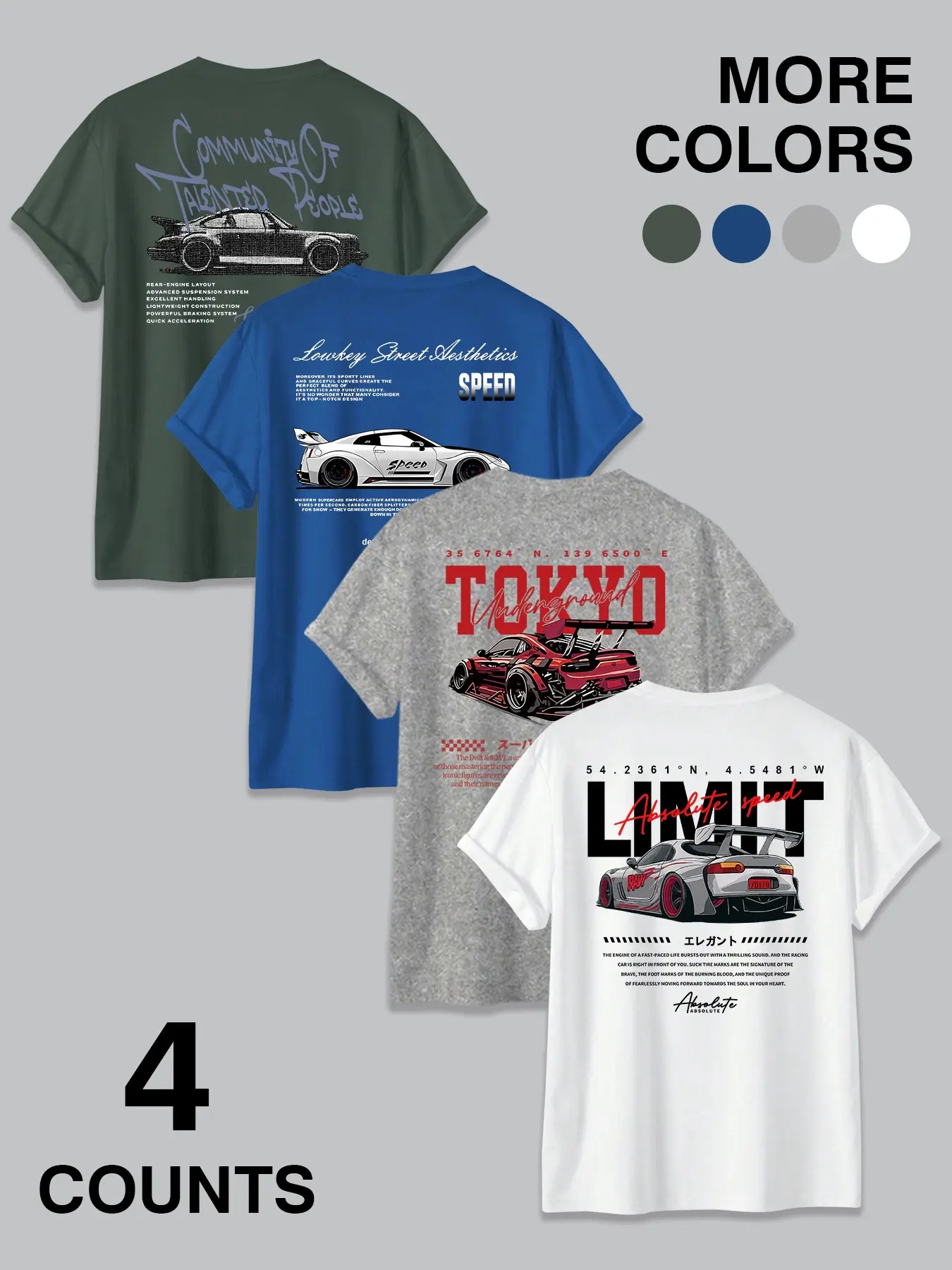 Men's 4-Pack JDM Street Tee – Racing Graphic Fitted Casual T-Shirt Set