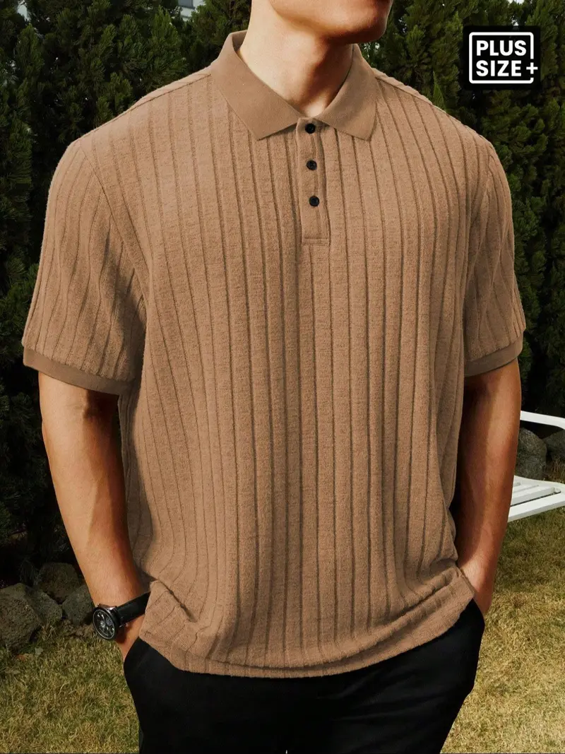 Plus Size Men's Ribbed Polo Shirt – Loose Knit Collar Striped Casual Short Sleeve Top
