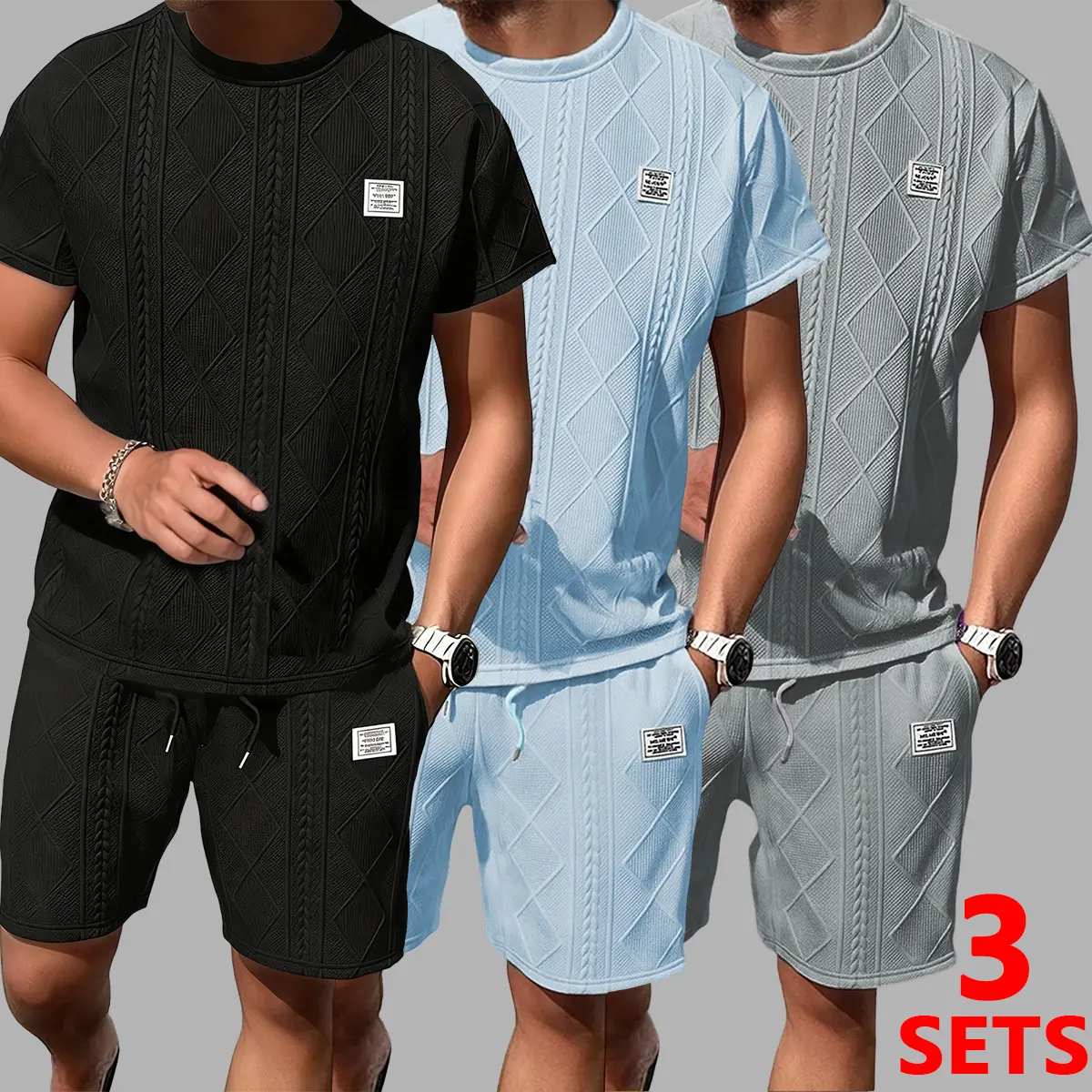 Men's 3 set Casual Jacquard 2-Piece Outfits – Breathable Crew Neck T-Shirt & Shorts Set for Summer Running & Leisure, Preppy Fitted Cut