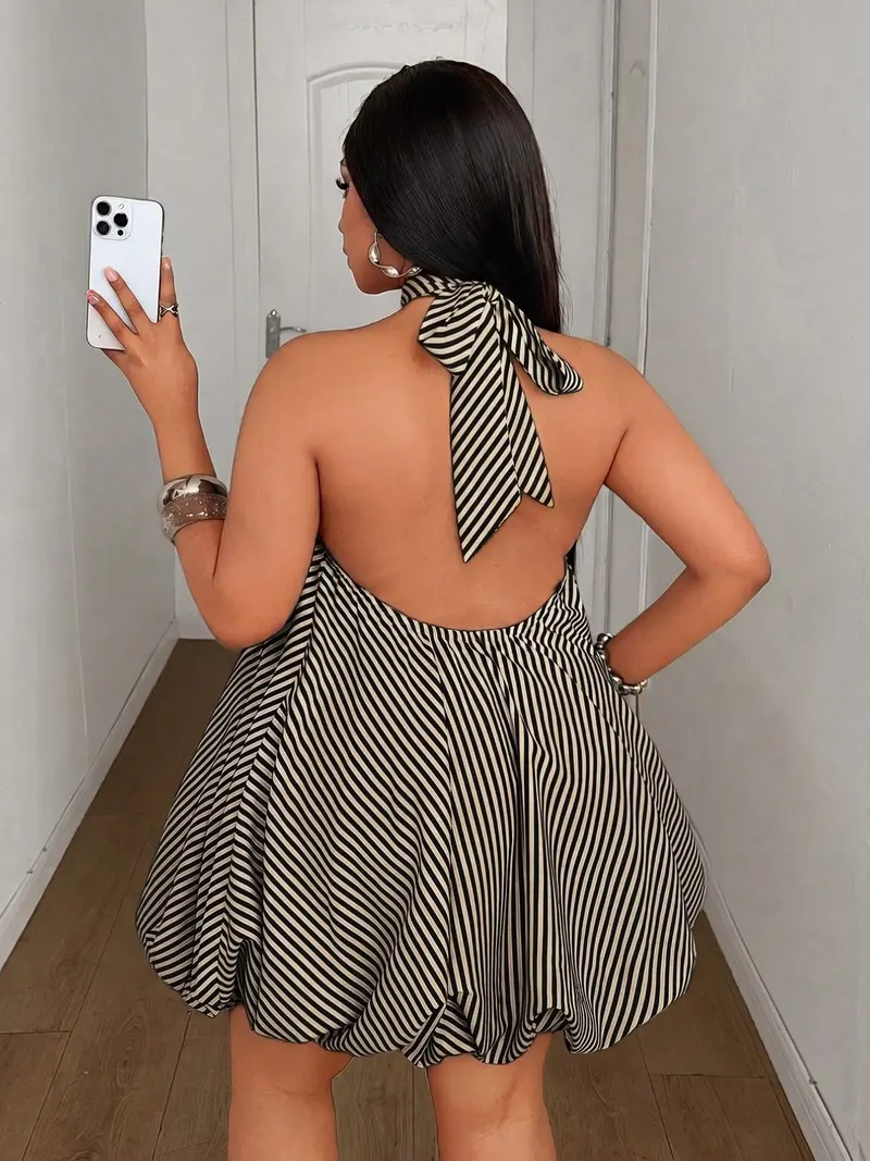 Plus Size Striped Halter Dress – Loose Short Summer Beach Sundress