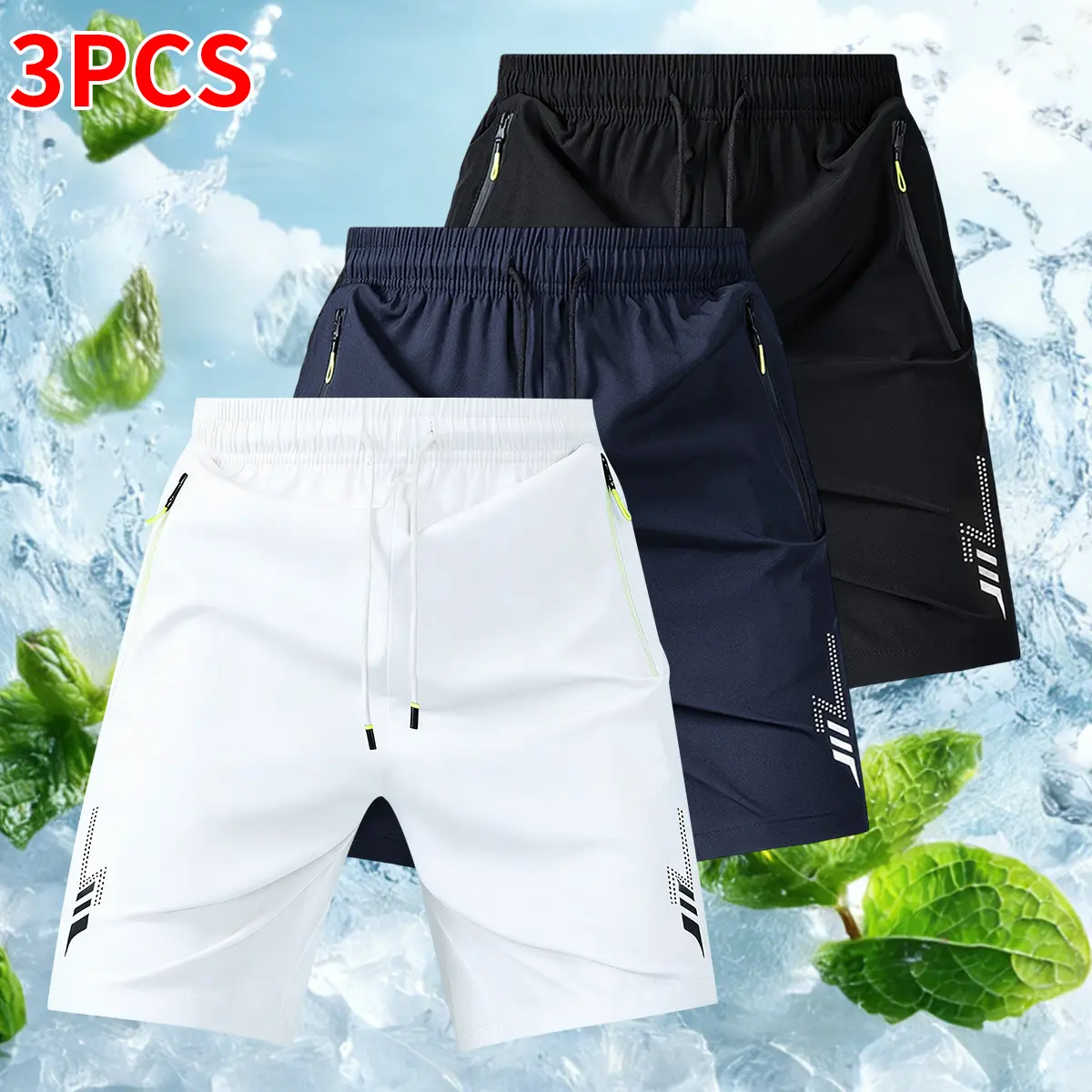 Men's 3-Pack Reflective Print Shorts – Fitted Athletic Running Shorts with Zipper Pockets