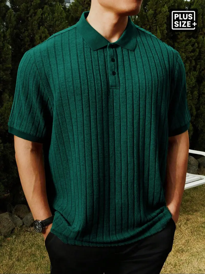 Plus Size Men's Ribbed Polo Shirt – Loose Knit Collar Striped Casual Short Sleeve Top