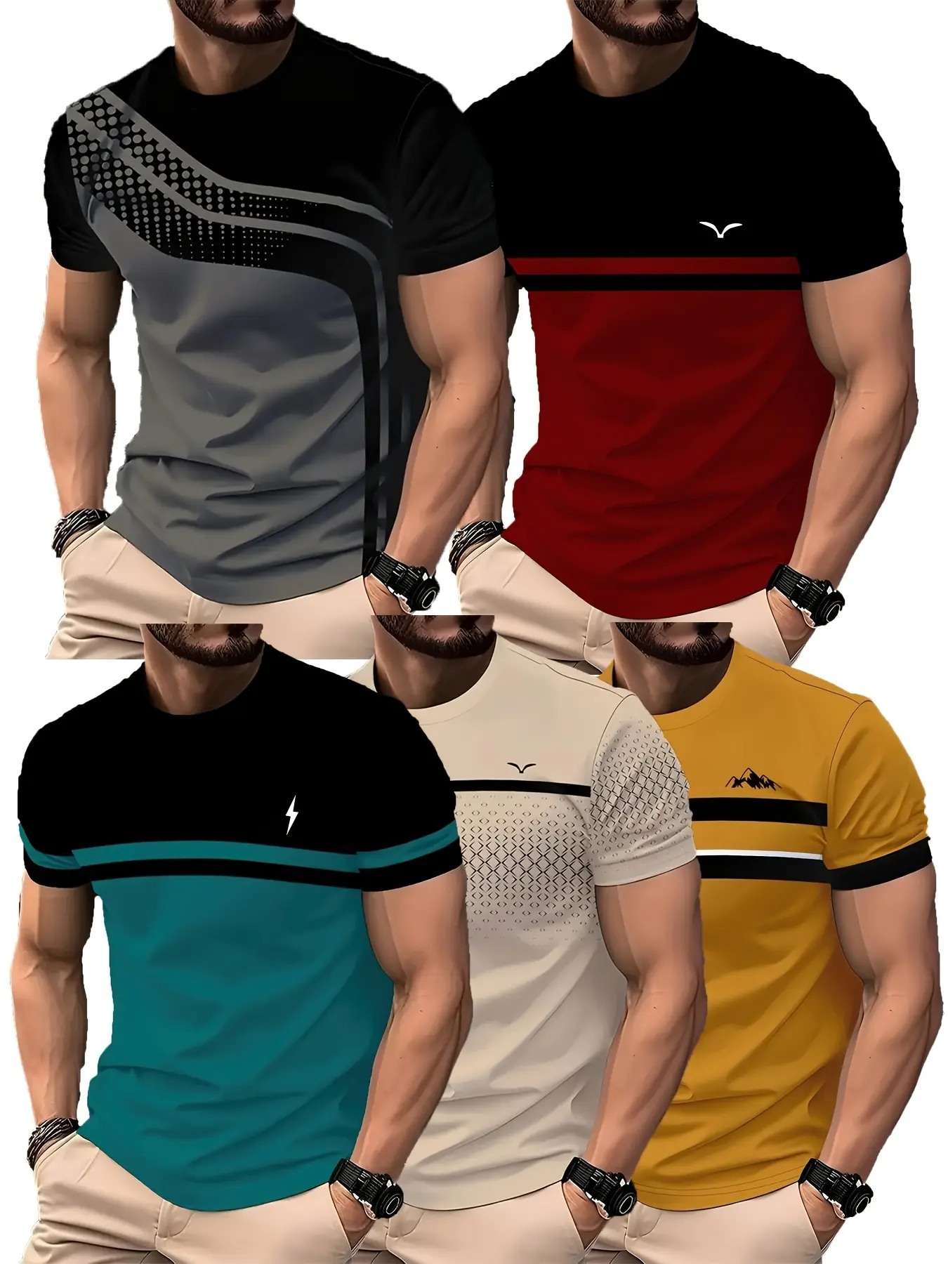 Men's 5-Pack Striped Gradient Tees – Quick-Dry Breathable Summer Short-Sleeve T-Shirts