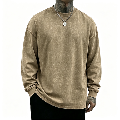 Men's 8-Pack Oversized Washed Long-Sleeve Tee – Unisex Distressed Vintage Crewneck Top