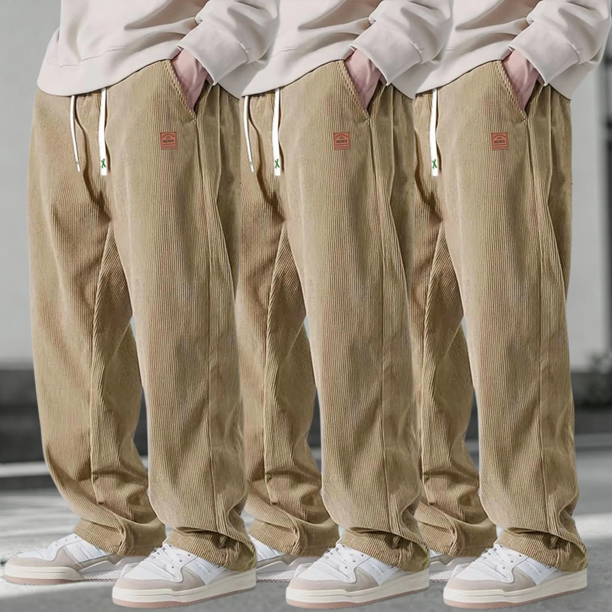 Men's 3-Pack Corduroy Pants – Loose Straight-Leg Drawstring Casual Trousers