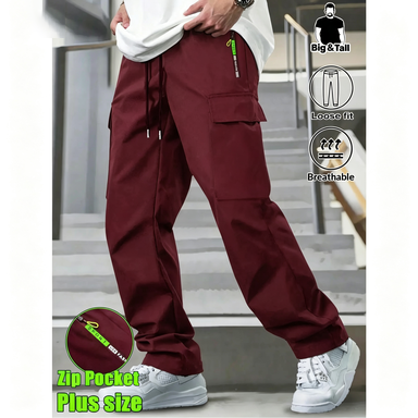 Men's Big & Tall Loose Cargo Pants – Elastic Drawstring Multi-Pocket Casual Streetwear for Outdoor & Daily Wear