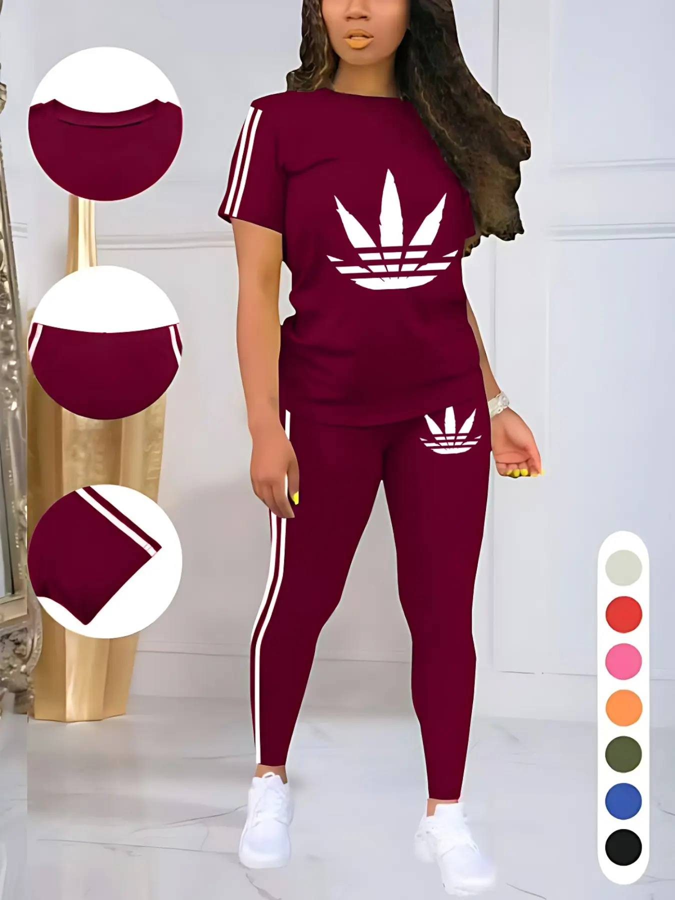 Women's 5-Piece Printed Sporty 2-Piece Set – Round Neck Drawstring Short Sleeve Top & Long Pants, Fitted Letter Pattern Athleisure Wear for Summer Workout & Casual