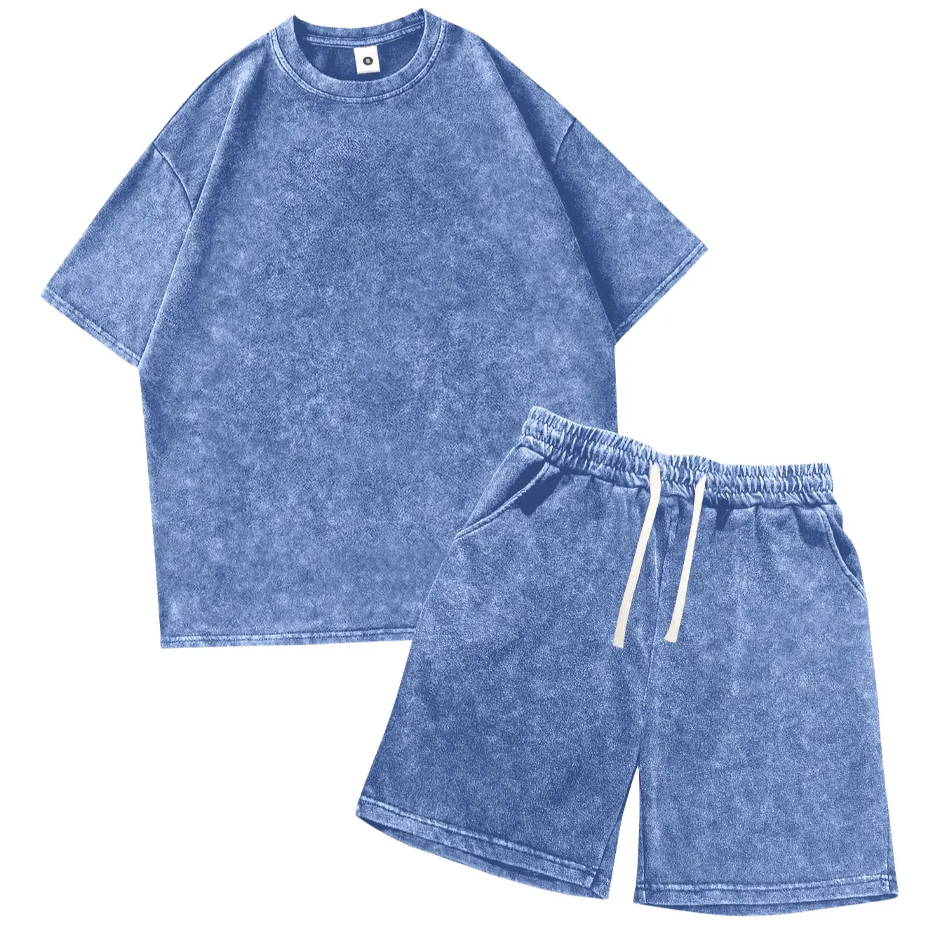 Men's 4-Piece Loungewear Set – Vintage Acid-Wash T-Shirt & Elastic Drawstring Shorts for Summer Casual & Camping