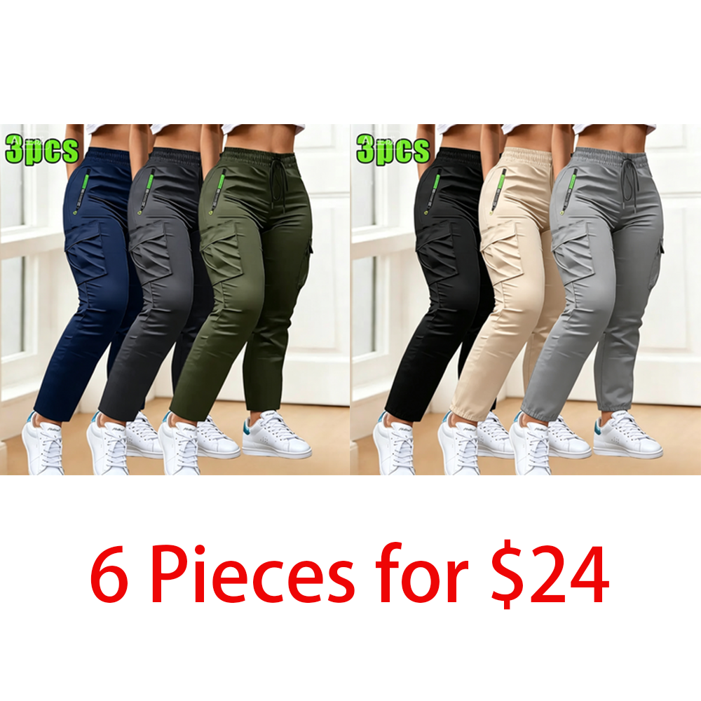 Last Chance! 6 Pieces for $24 – Today Only! Women's 3-Pack Multi-Pocket Thin Overalls – Four-Season Drawstring Casual Straight Trousers for Outdoor Sports & Daily Wear