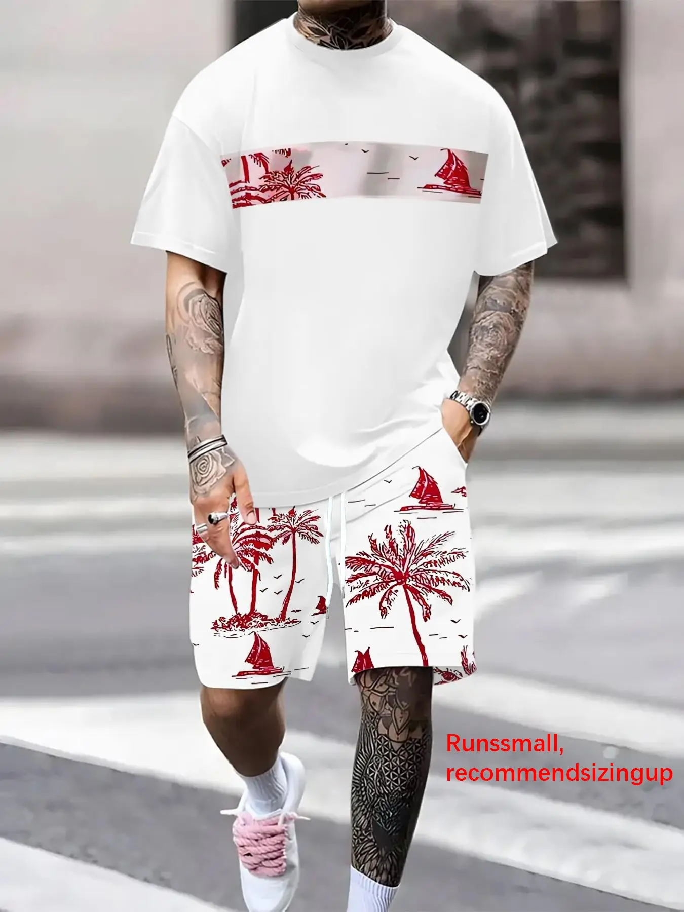 Men's Tropical Palm Tree Print T-Shirt and Shorts Set, Casual Fitted All-Over Print Outfit for Summer, Fashion Comfortable Wear