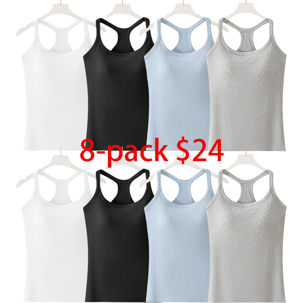 Women's 8-Pack Ribbed Built-in Bra Tank Top – Racerback Cropped Camisole with Removable Pads Wireless Supportive Yoga Top